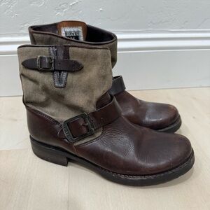 Frye Veronica Short Ankle Boot Dark Brown Leather Canvas 77503 Women's 6.5